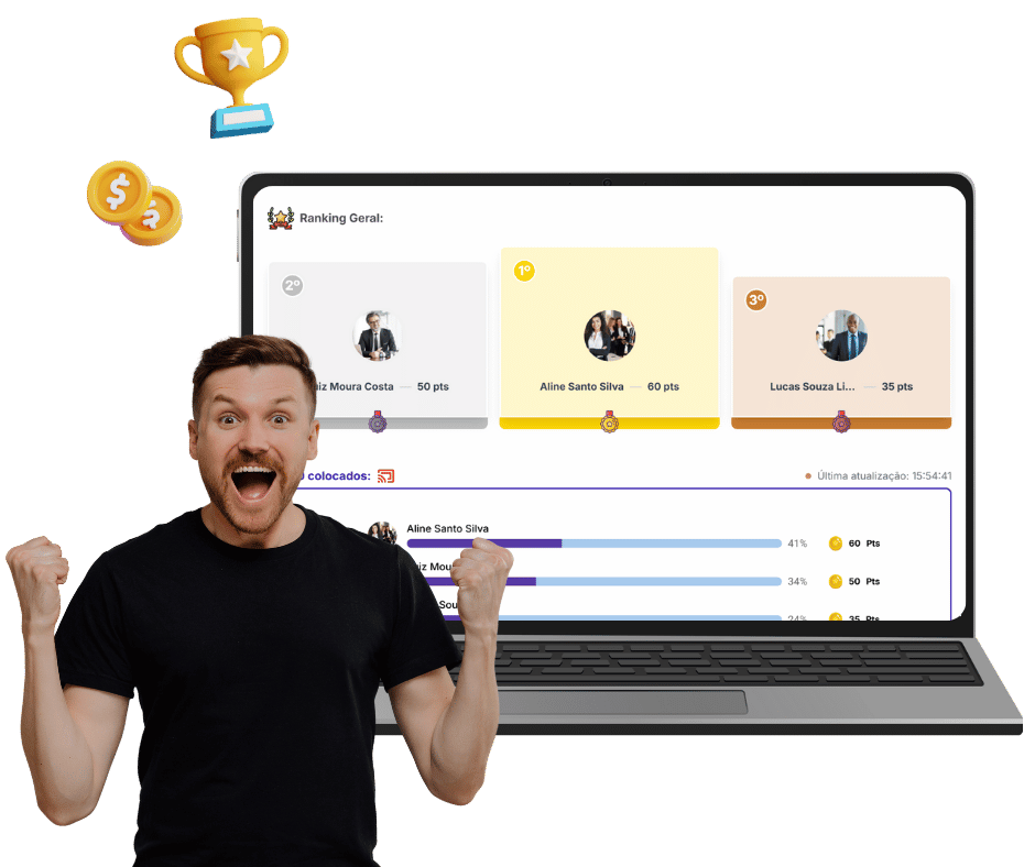 Ranking gamificado de performance e engajamento mostrando classificação de colaboradores com pontuação e indicadores
