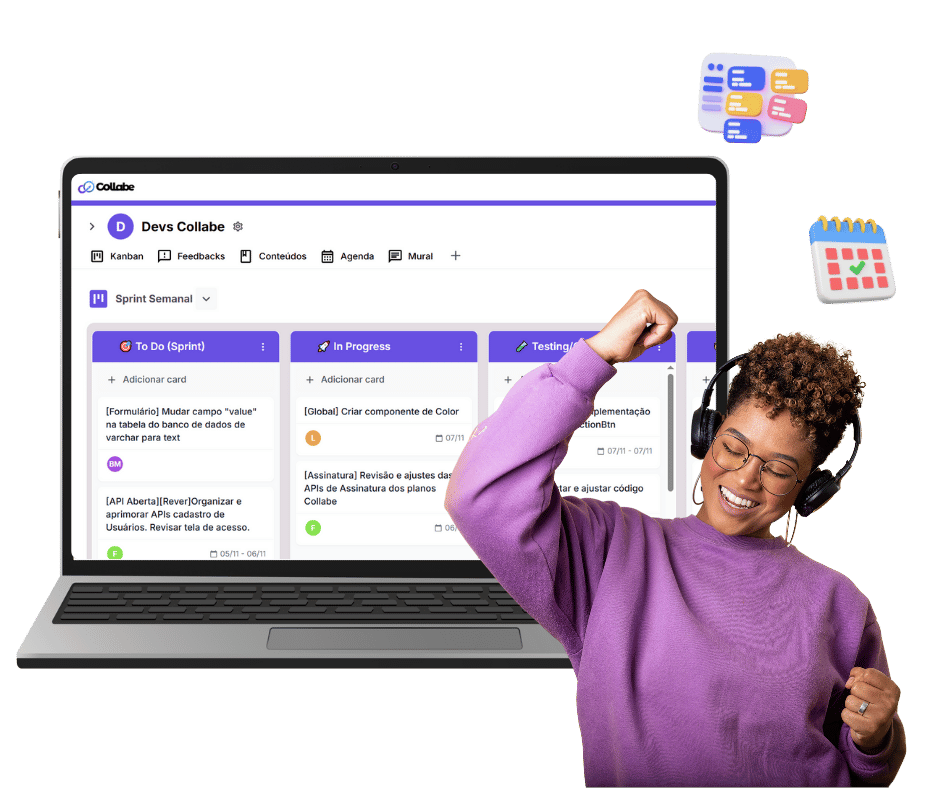 Dashboard da Plataforma Collabe de gestão de performance mostrando OKRs, avaliações 360°, indicadores de desempenho, PDI e gamificação para aumentar resultados